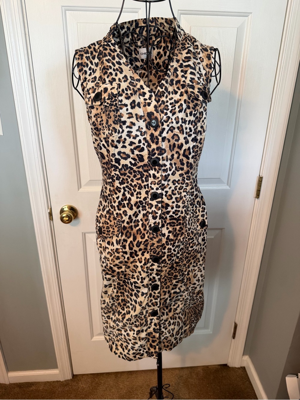 Chico's Sleeveless Leopard-Print Midi Dress in Beige and Black